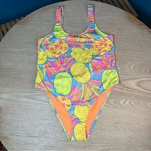 Chubbies Pinas One Piece Swim Suit Neon Pink Yellow Pineapple Women’s Size L
